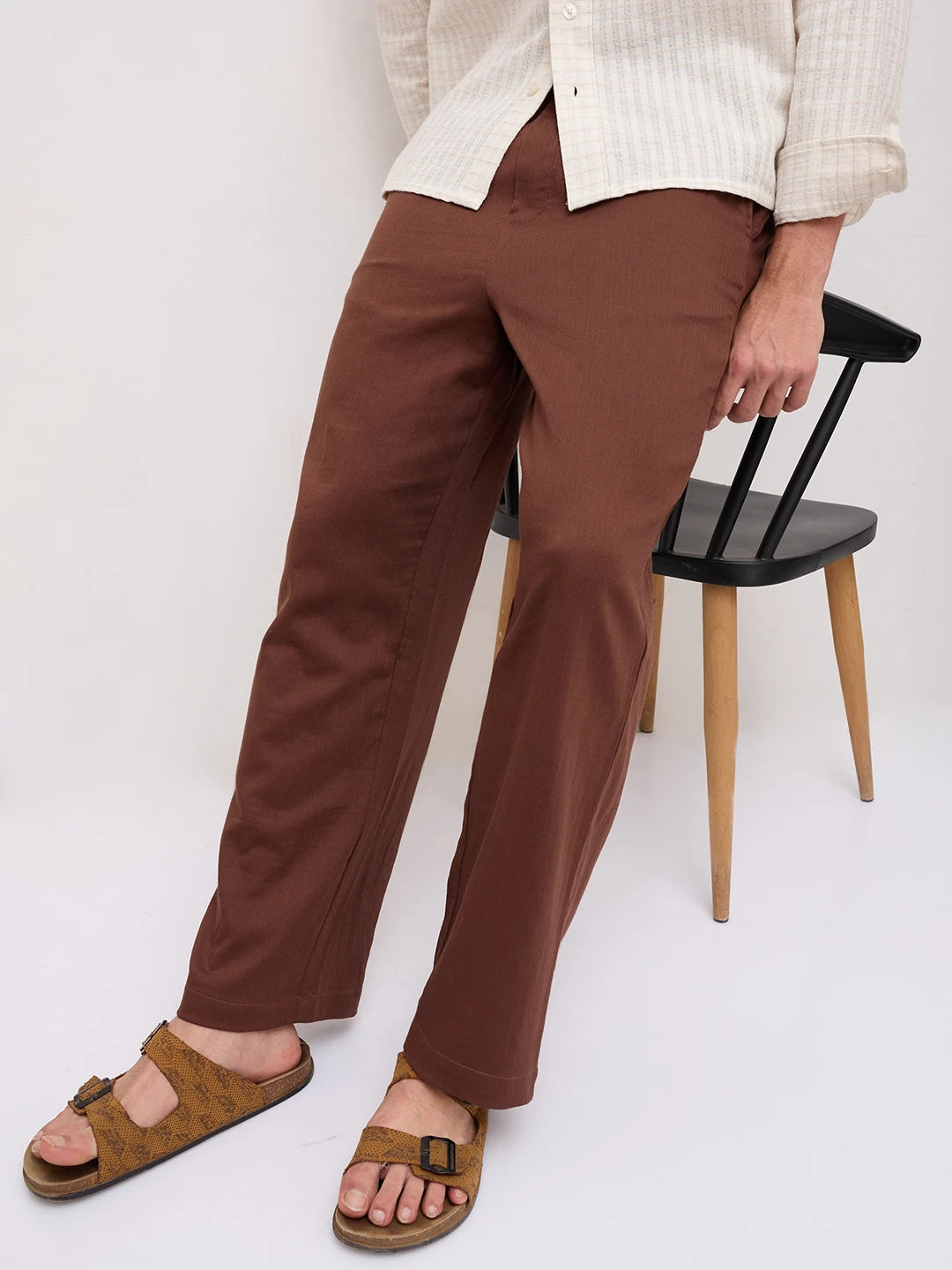 Coffee Brown Fine Herringbone Textured Straight Fit Trousers