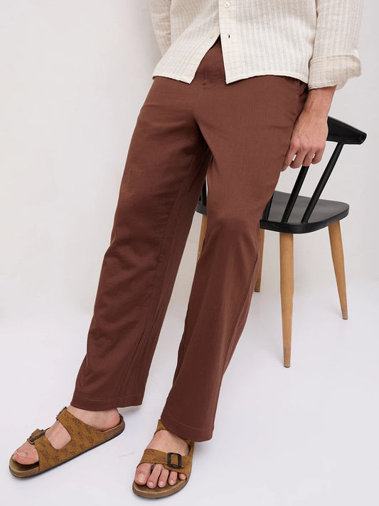 Coffee Brown Fine Herringbone Textured Straight Fit Trousers