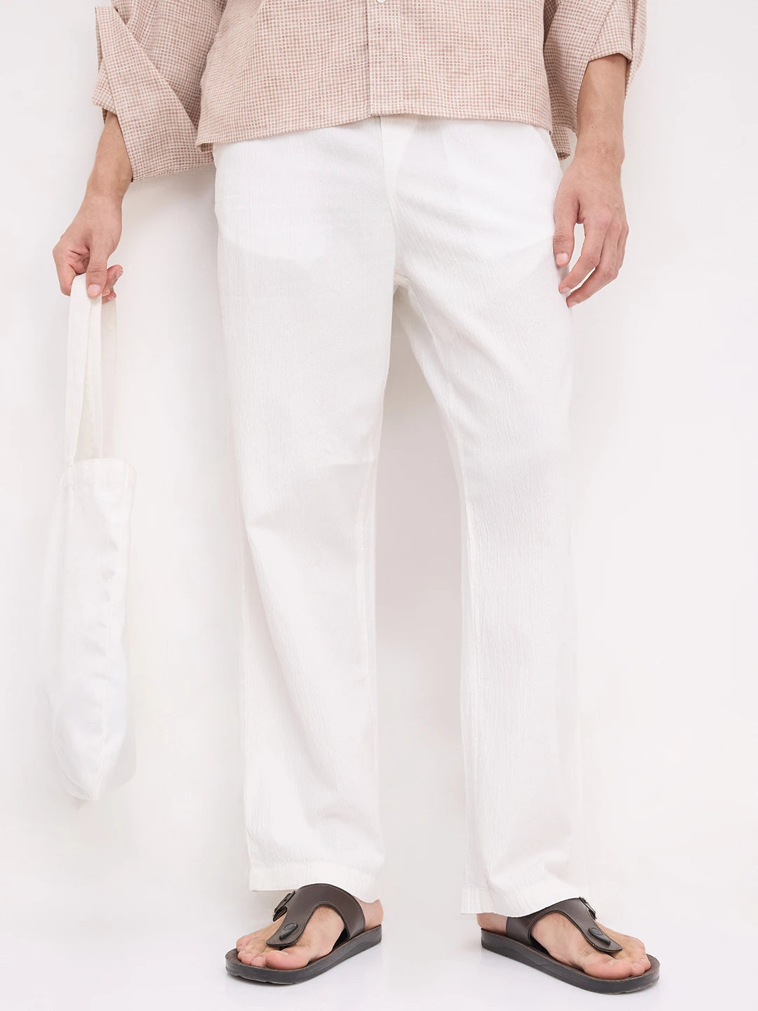 White Breezy Textured Straight Fit Trousers