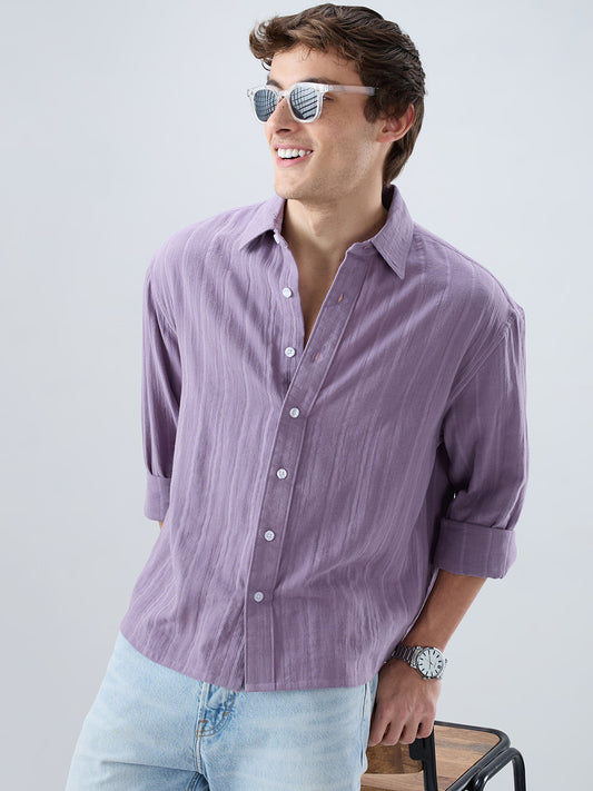 Chinese Violet Double Cloth Striped Boxy Fit Crop Shirt