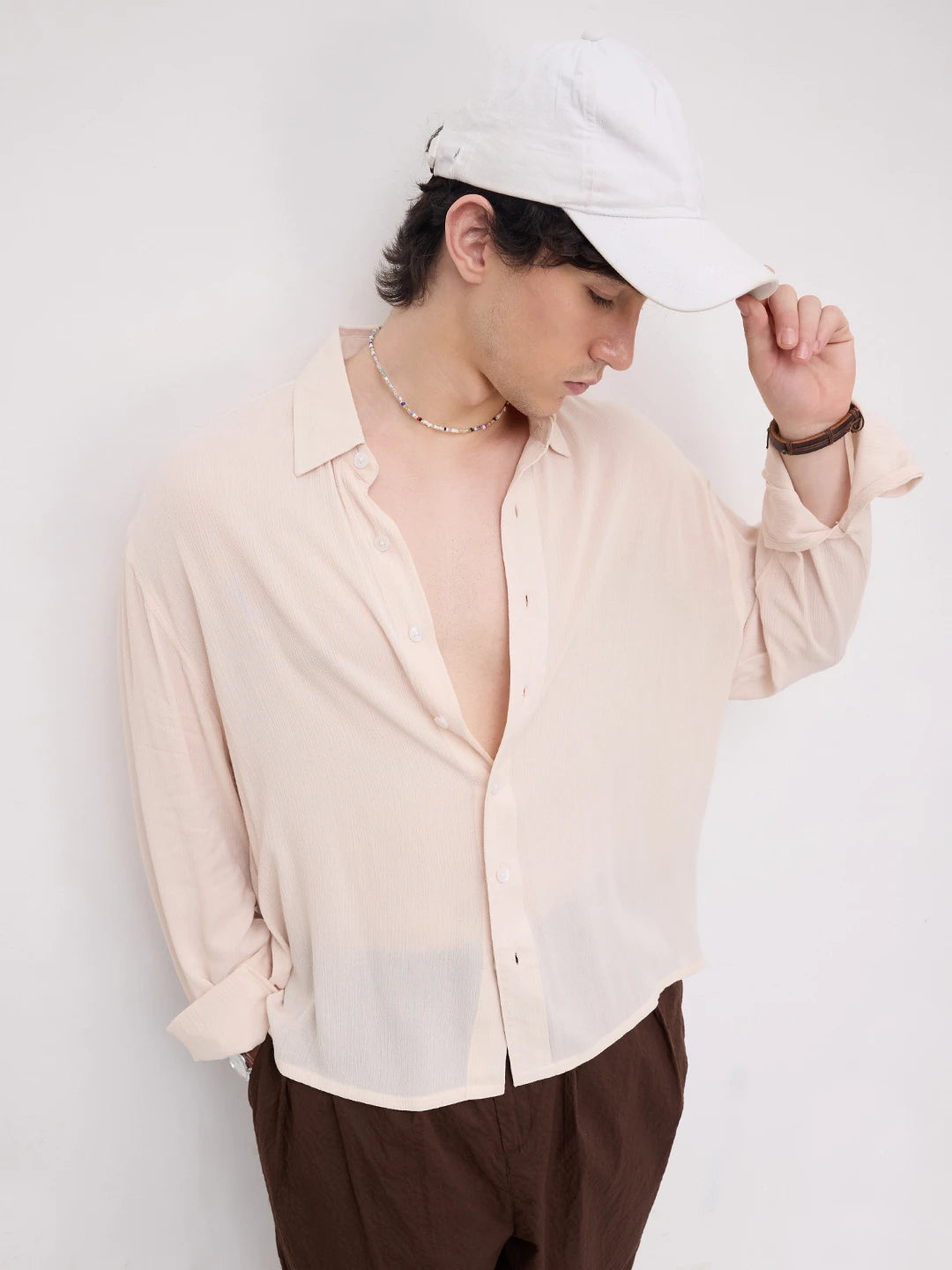 Soft Pastel Beige Crepe Textured Boxy Fit Shirt