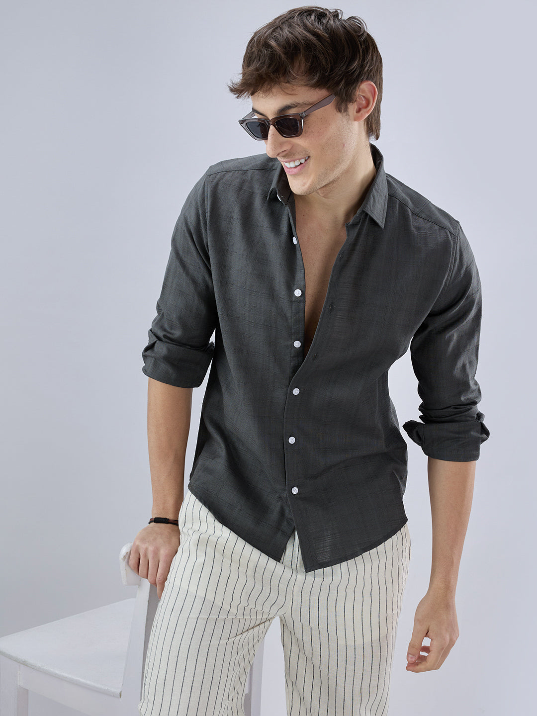 Charcoal Grey Micro Frid Textured Shirt