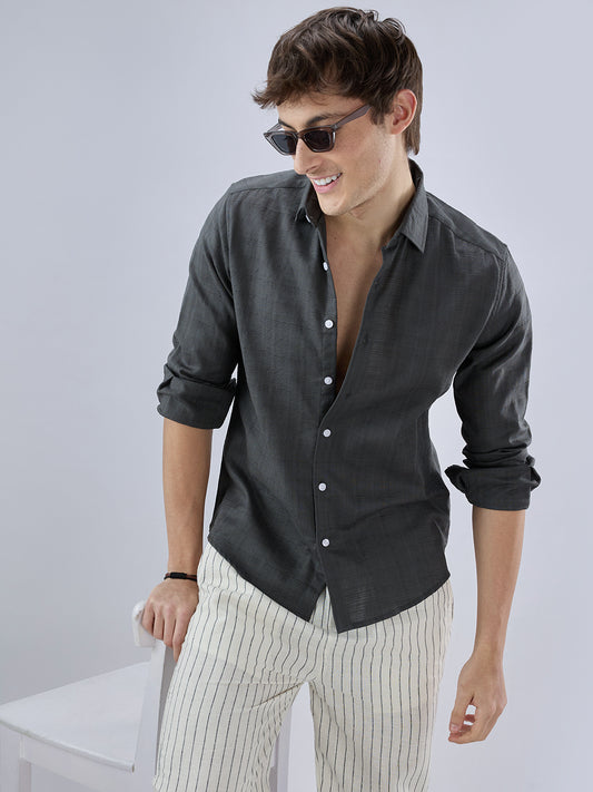 Charcoal Grey Micro Frid Textured Shirt