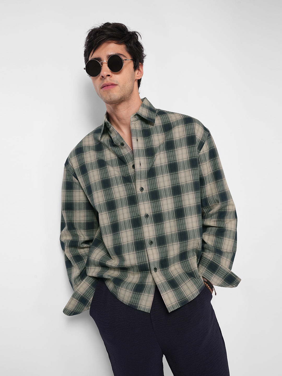 Midnight Navy & Sand Mist Textured Checks Boxy Fit Crop Shirt