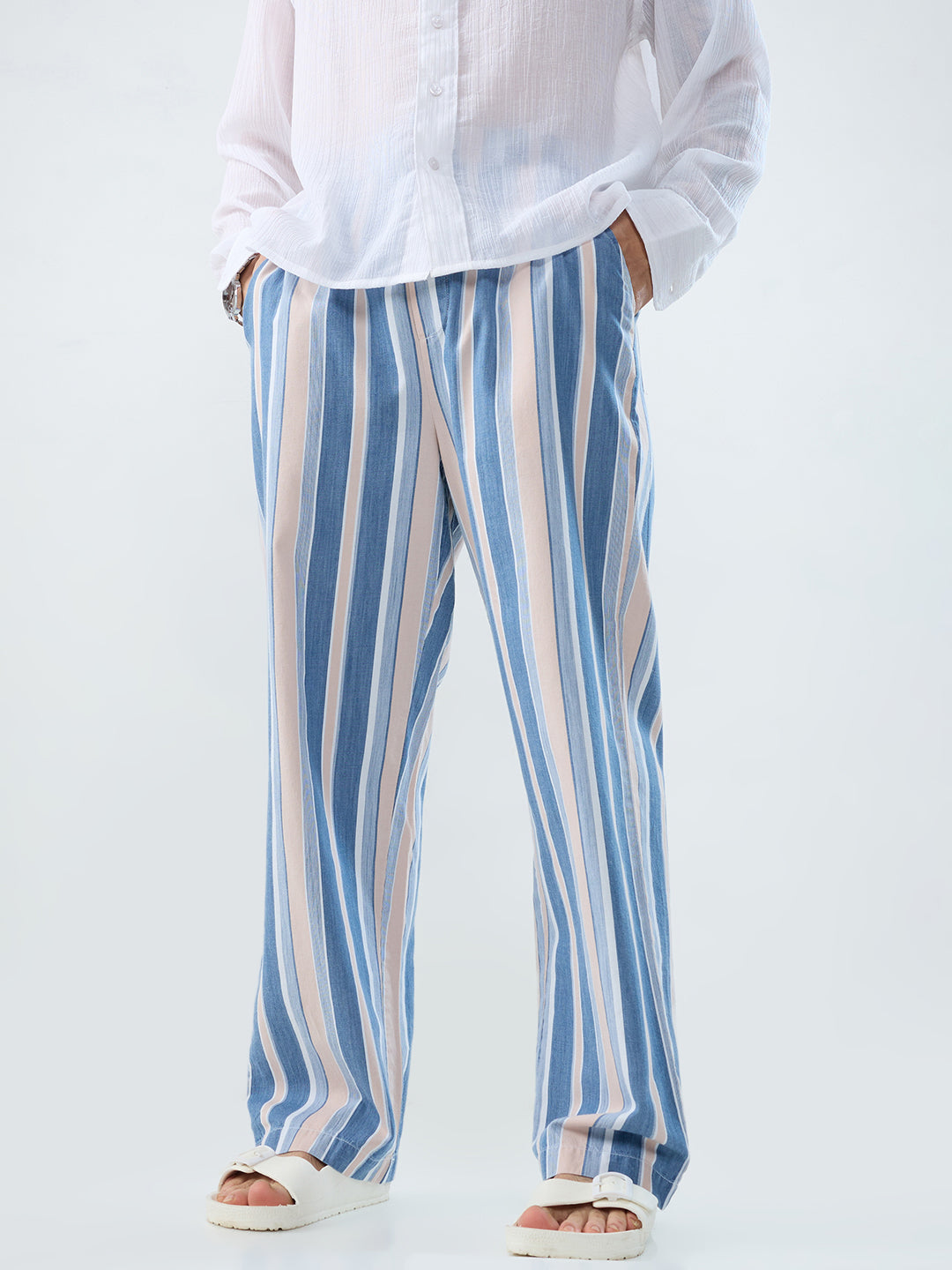 Multi-Tone Denim Striped Straight Fit Trousers
