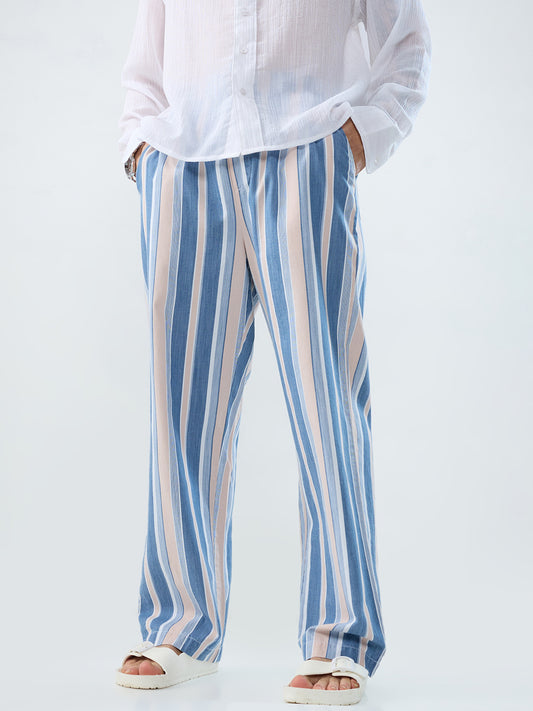 Multi-Tone Denim Striped Straight Fit Trousers
