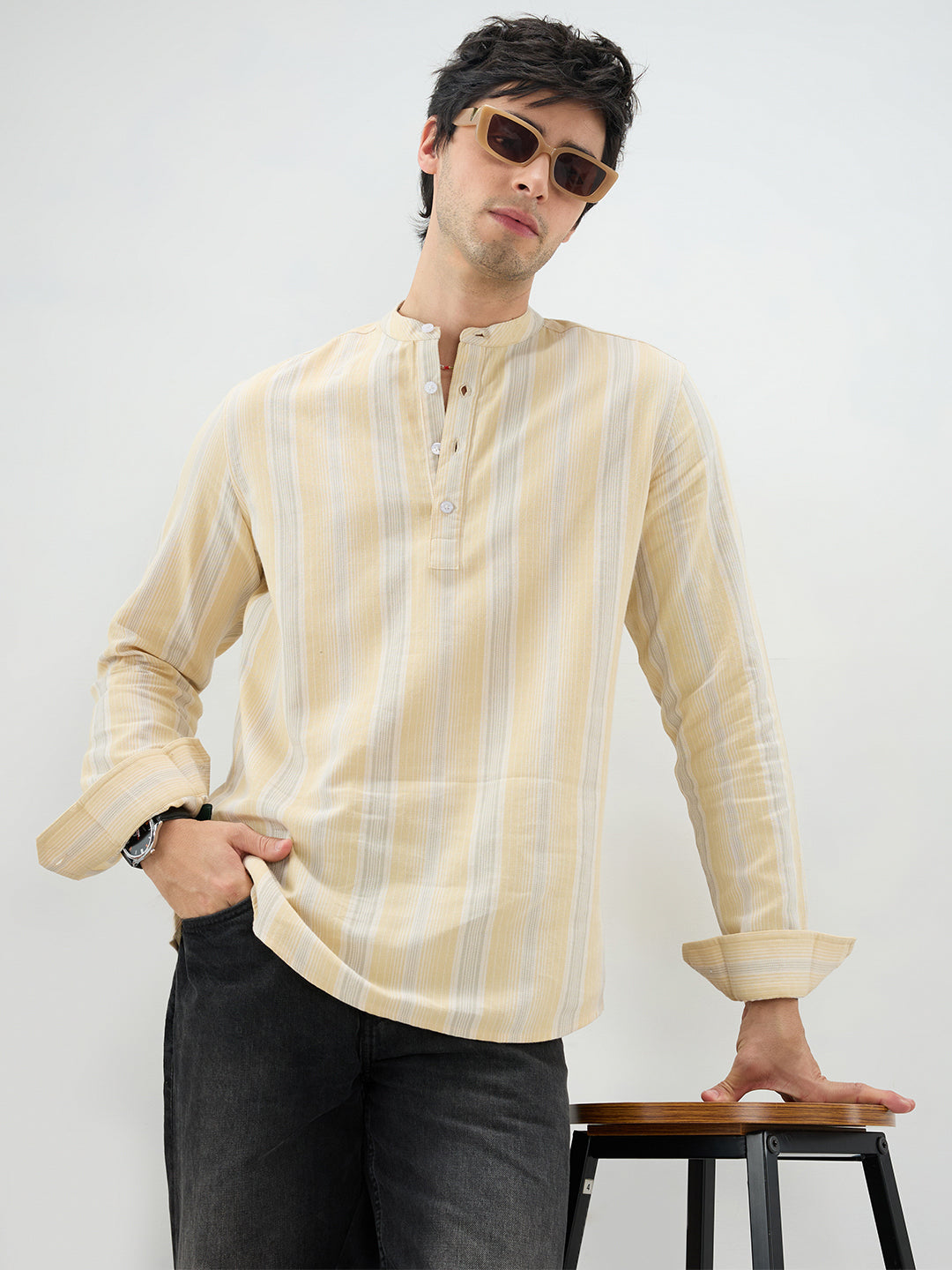 Sunwashed Sand Beige Multi-Stripe Kurta