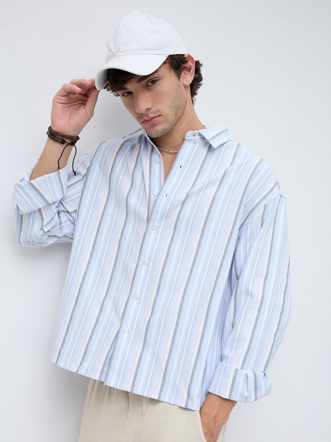 Sea Breeze Multi Stripe Weave Boxy Fit Crop Shirt