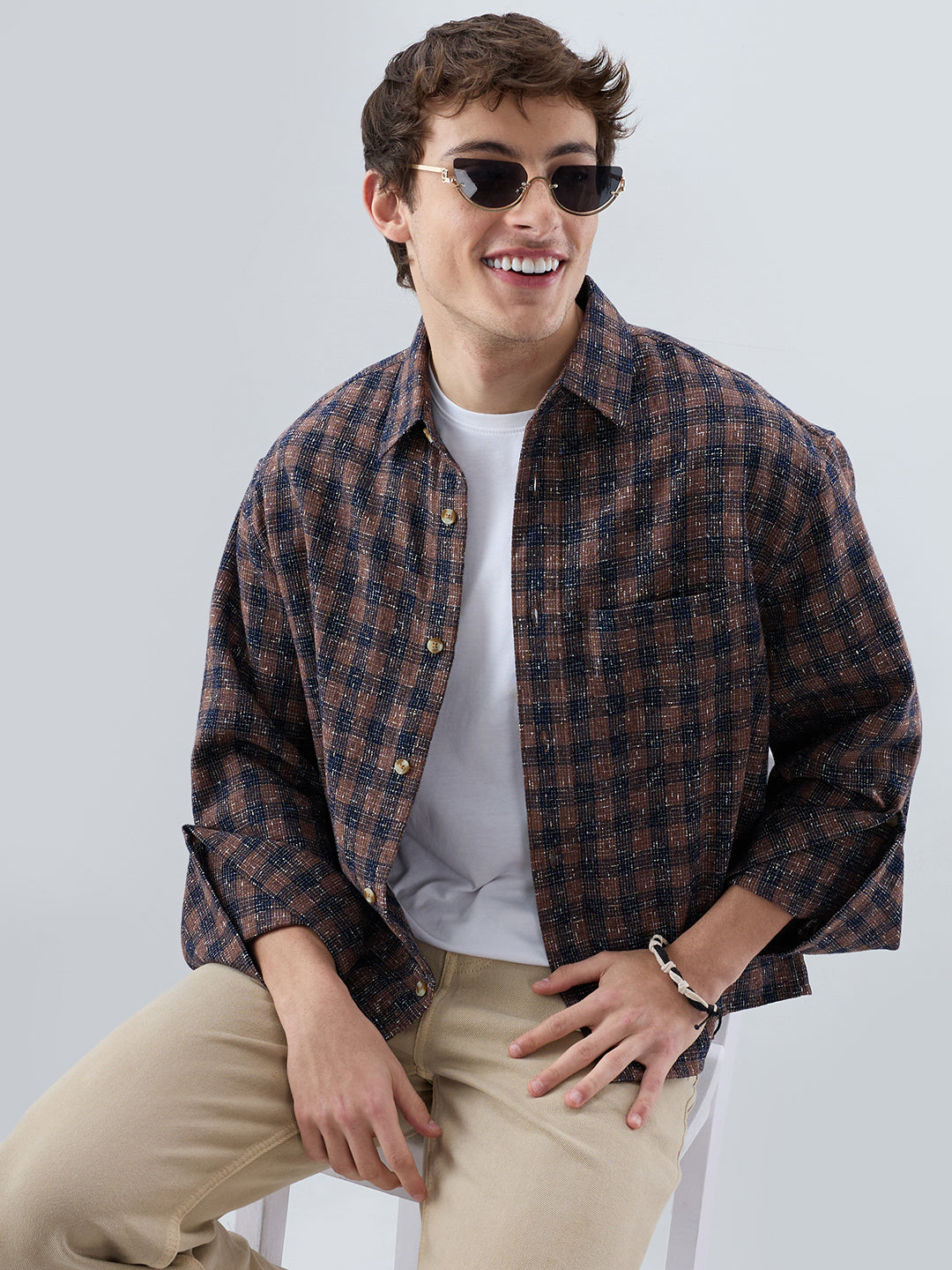 Raunak Edit Glossy Navy & Brown Checked Oversized Crop Shirt