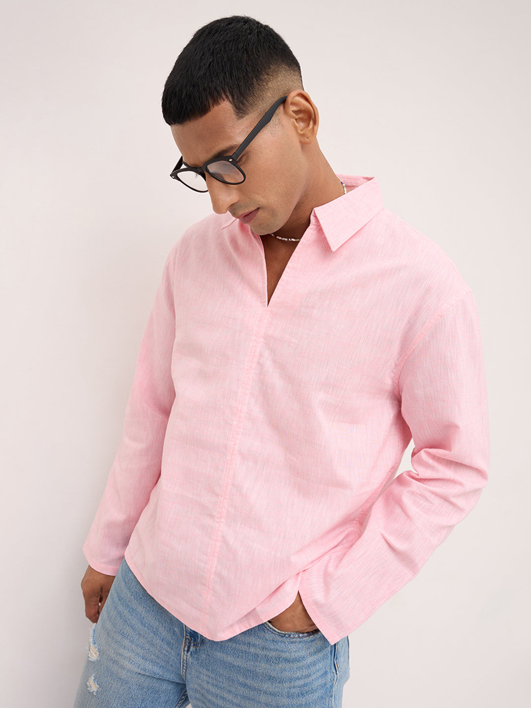 Soft Pink Textured Center Seam Oversized Polo Shirt