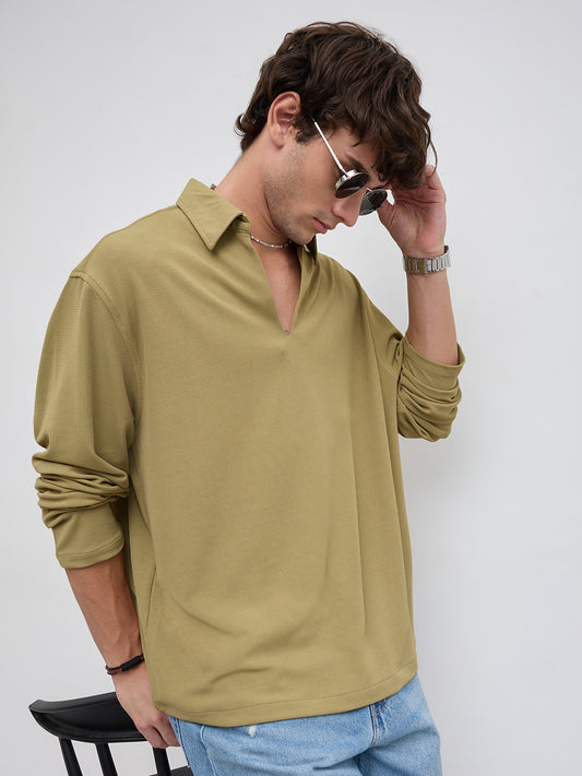 Soft Olive Oversized Knitted Polo Shirt
