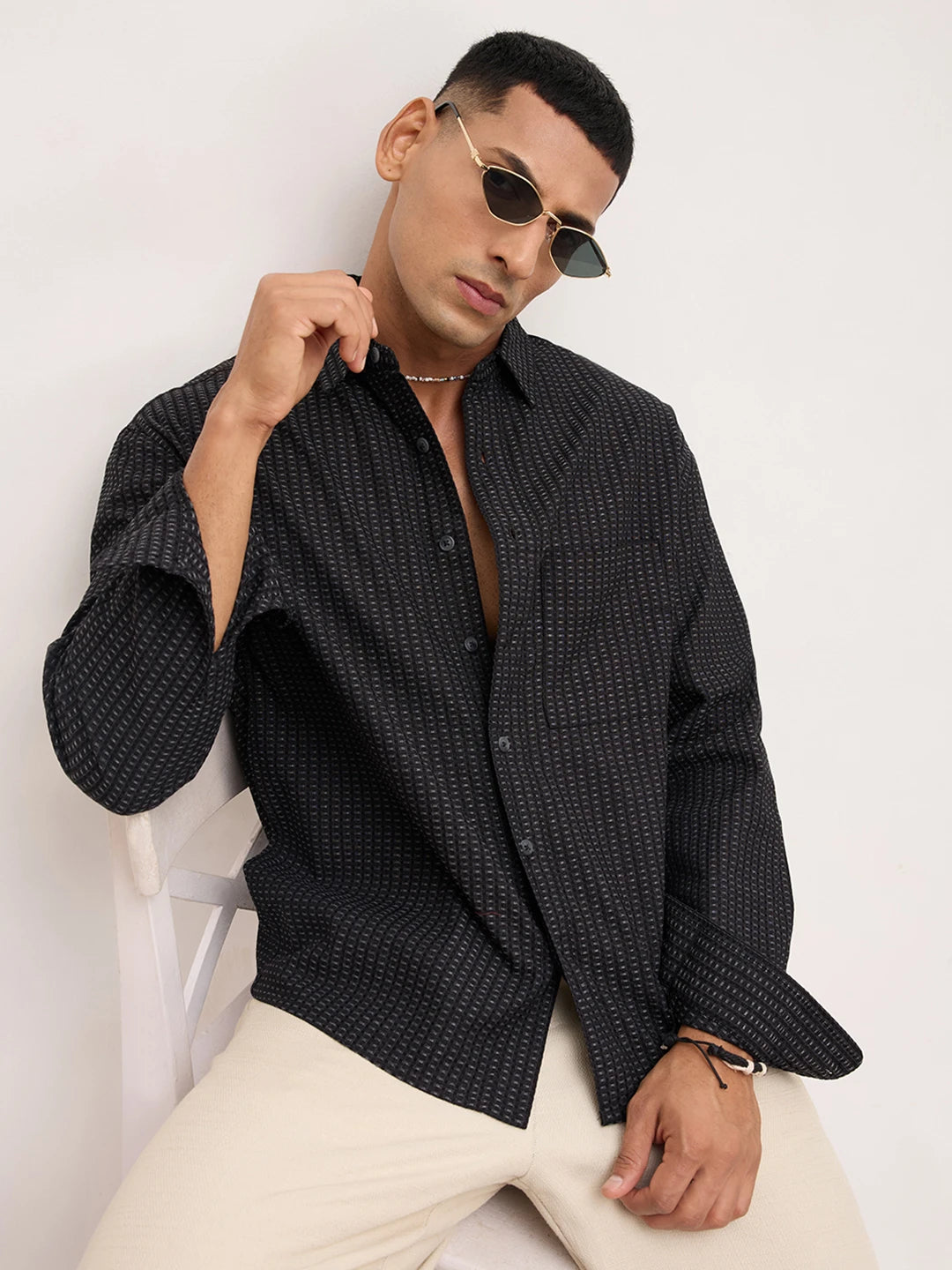 Denim Black Windowpane Textured Boxy Fit Crop Shirt