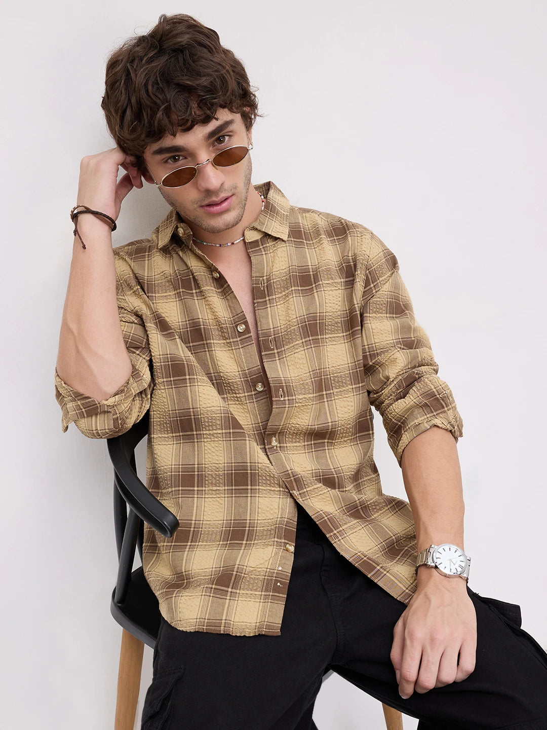Brown Seersucker Checkered Shirt