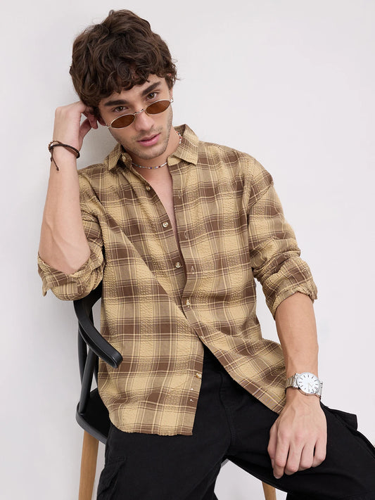 Brown Seersucker Checkered Shirt