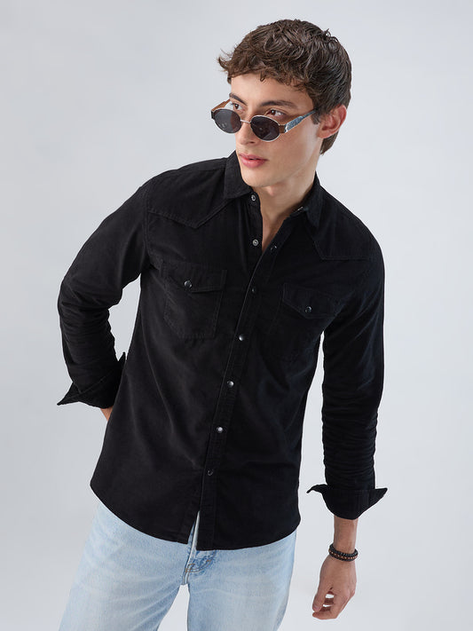 Timeless Black Corduroy Double Flap Pocket Overshirt