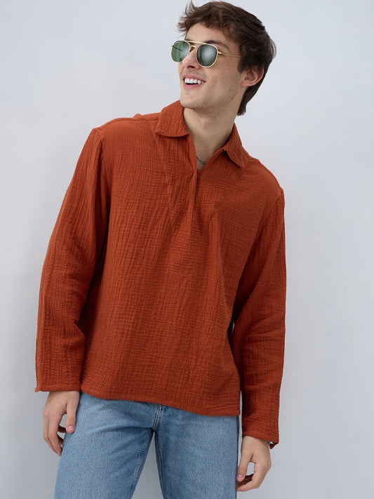 Rust Double Cloth Cuffless Oversized Shirt