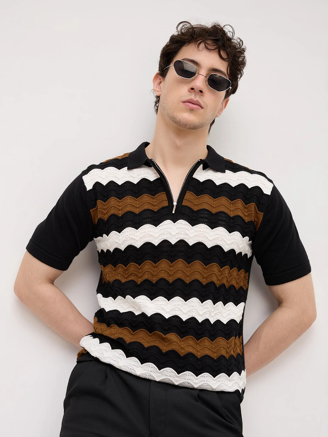 Brown & White Scallop Zip Weave Flat Knit Polo T-Shirt