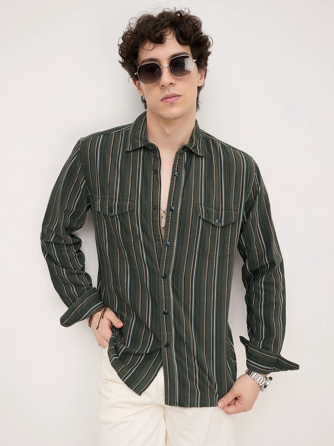 Forest Vibe Multi-Stripe Olive Twin Pocket Corduroy Shirt