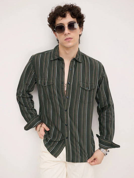 Forest Vibe Multi-Stripe Olive Twin Pocket Corduroy Shirt