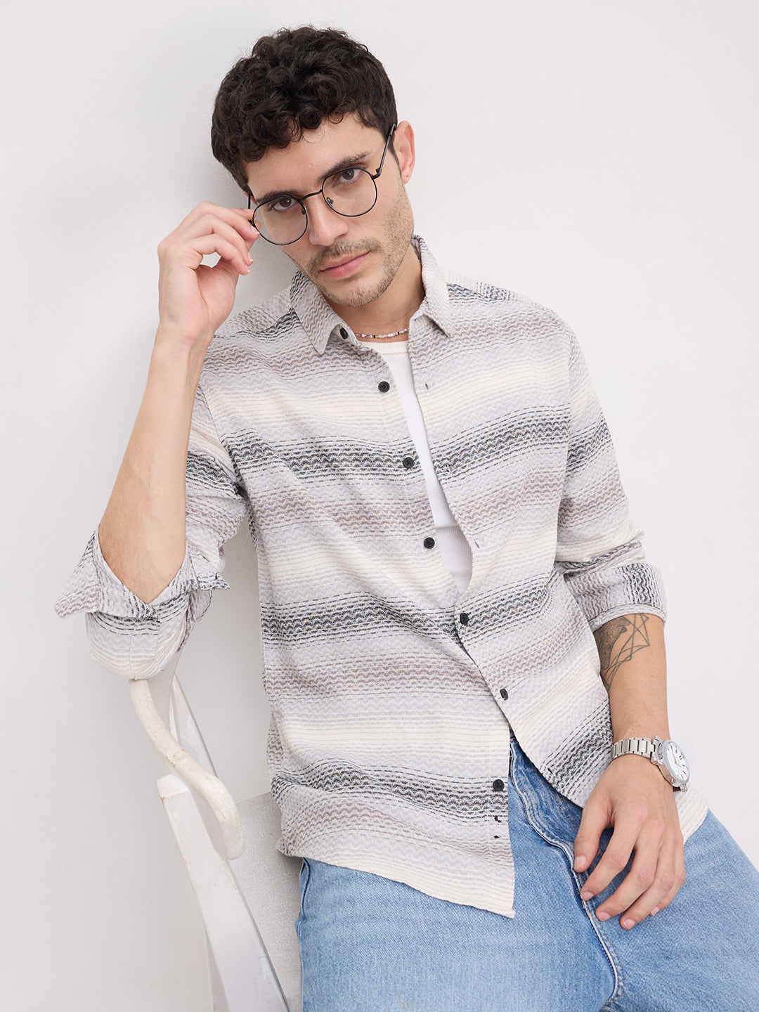 Grey Jacquard Wave Pattern Striped Shirt