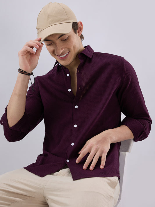 Wine Open Weave Refined Textured Shirt