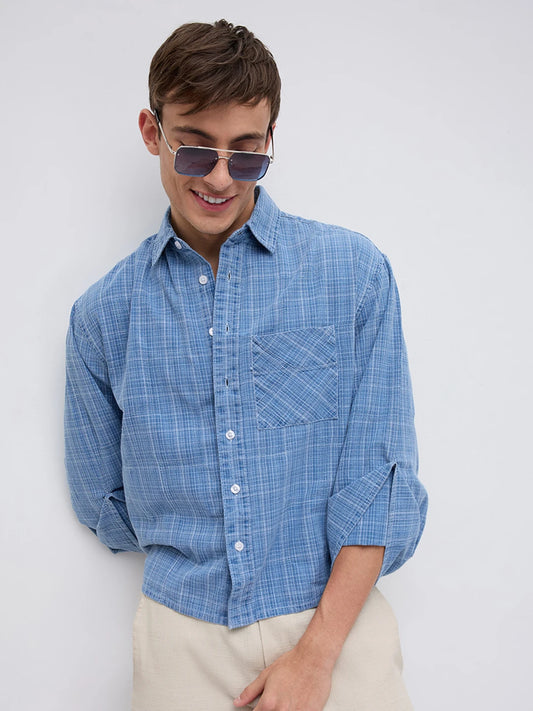 Icy Denim Blue Micro Checks Cuffless Oversized Crop Shirt