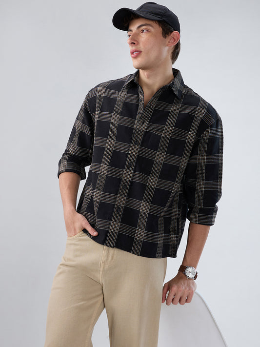Black & Brown Contrast Panel Checks Boxy Fit Crop Shirt