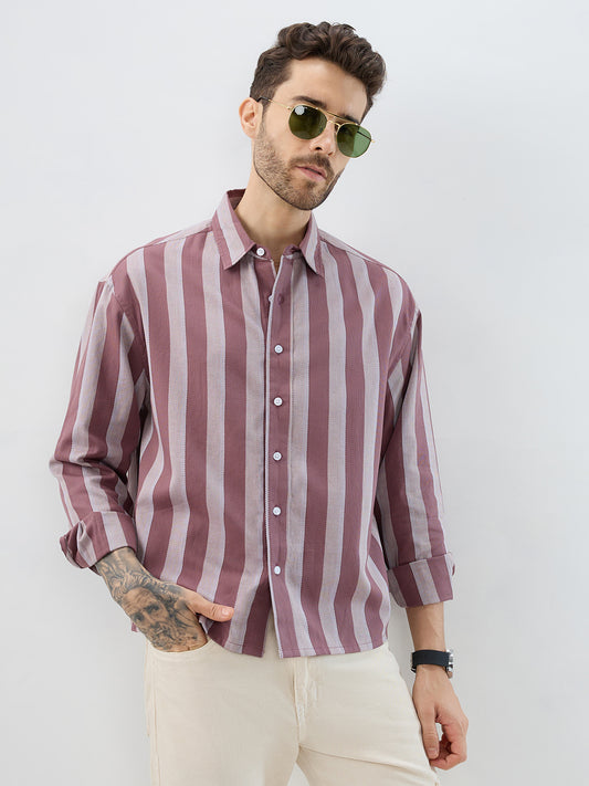 Raspberry Glace Pink Bold Striped Boxy Fit Crop Shirt