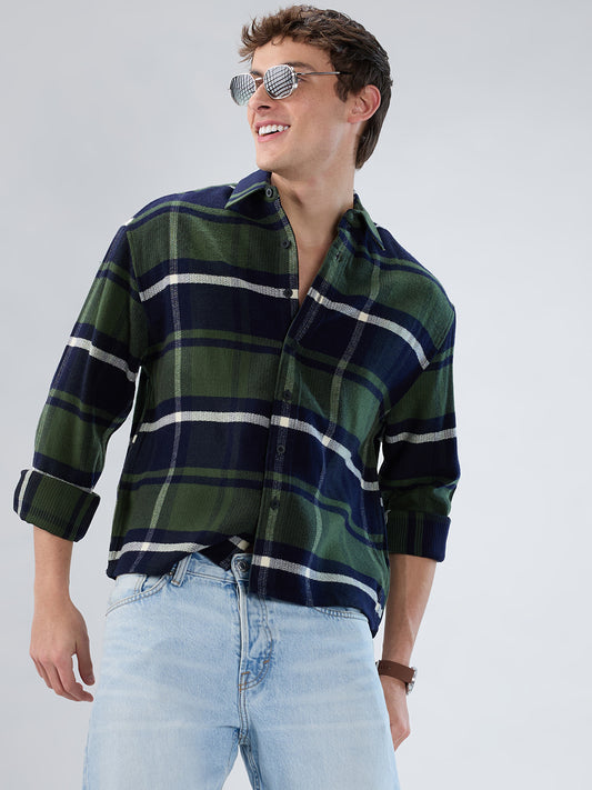 Olive & Navy Checked Boxy Fit Crop Flannel Shirt