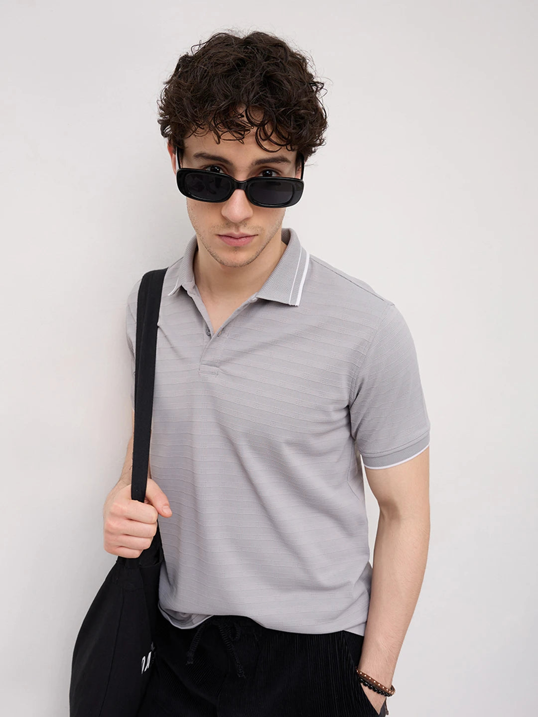 Silver Grey Horizontal Stripe Contrast Polo Knit T-Shirt