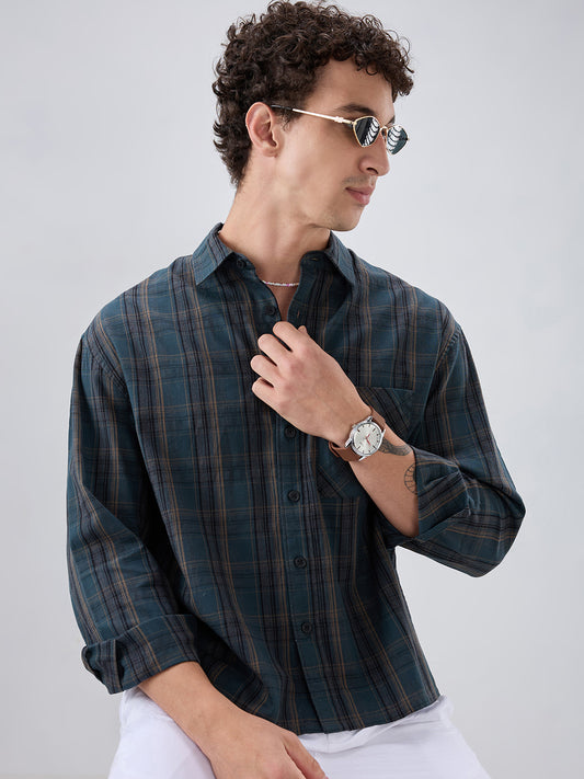 Deep Forest Green Plaid Checks Boxy Fit Crop Shirt