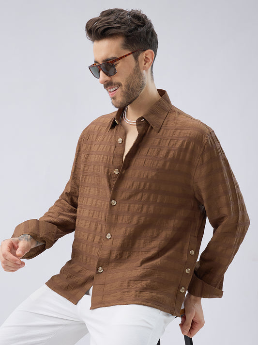 Brown Tonal Textured Side Slit Button Boxy Fit Crop Shirt