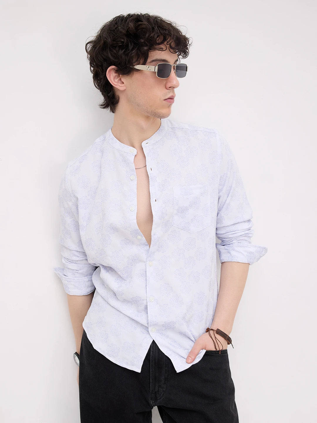 Cool Blue Floral Intricate Creased Mandarin Shirt