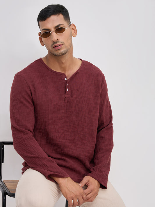 Debonair Maroon Double Cloth Henley Neck Oversized Shirt