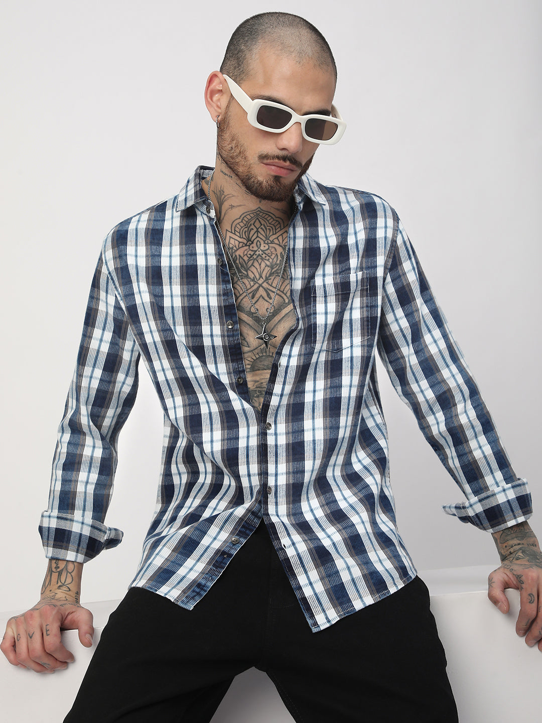 Grey & Navy Plaid Checks Corduroy Shirt