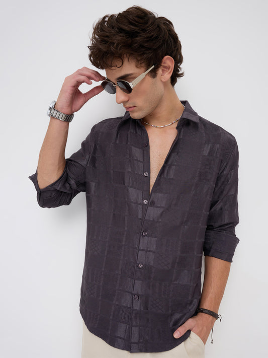 Charcoal Grey Block Checks Motif Embossed Shirt
