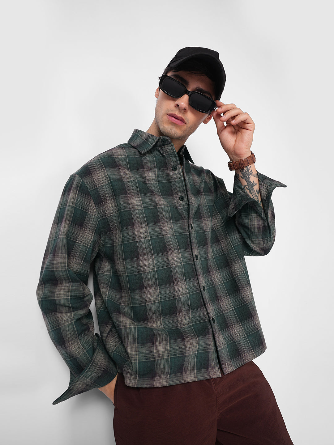 Heritage Forest Green Contrast Fine Checked Boxy Fit Crop Shirt