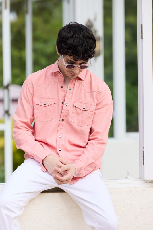 Sunbleach Peach Acid Wash Double Pocket Shirt