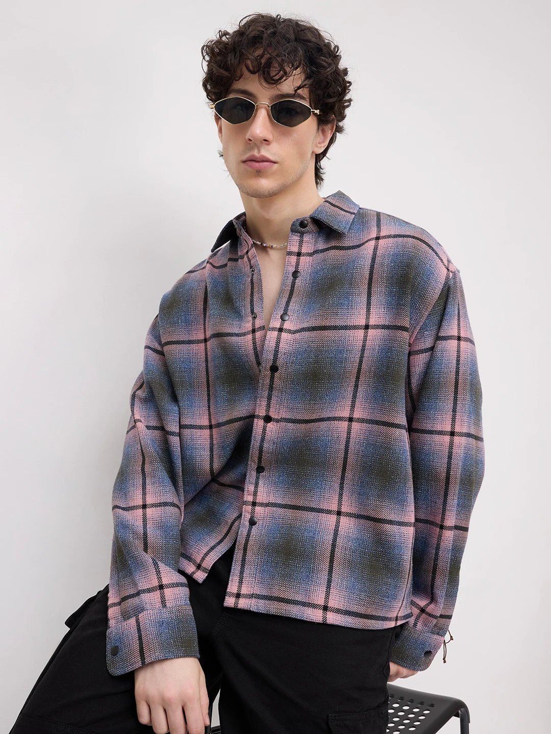 Pink & Blue Flannel Plaid Checks Boxy Fit Crop Shirt