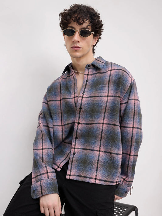 Pink & Blue Flannel Plaid Checks Boxy Fit Crop Shirt
