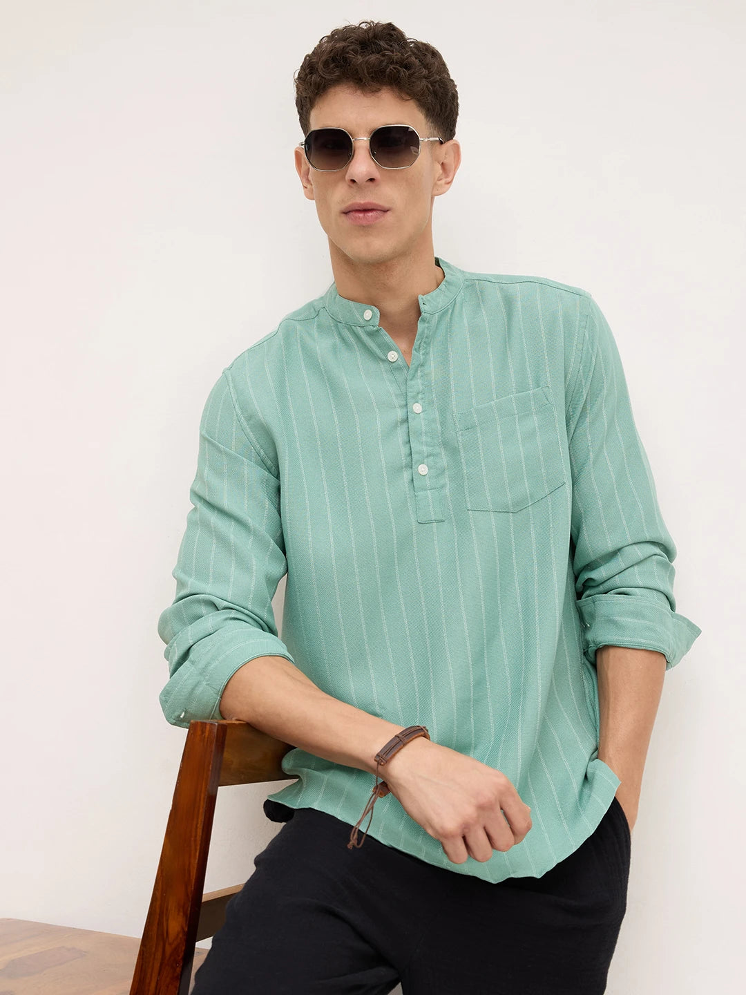 Fern Green Chalk Striped Kurta