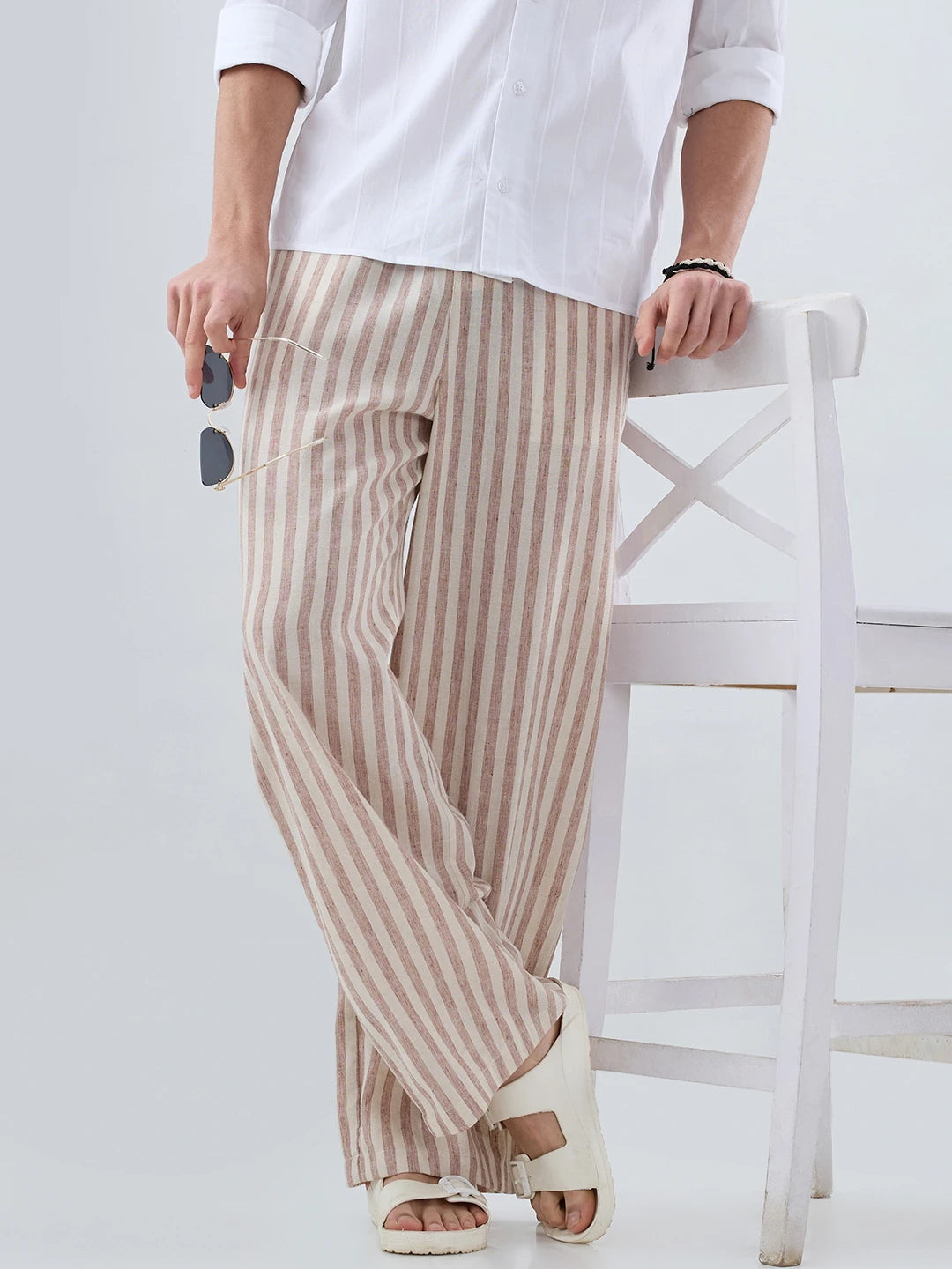 Brown & Ivory Striped Linen Blend Wide Leg Trousers