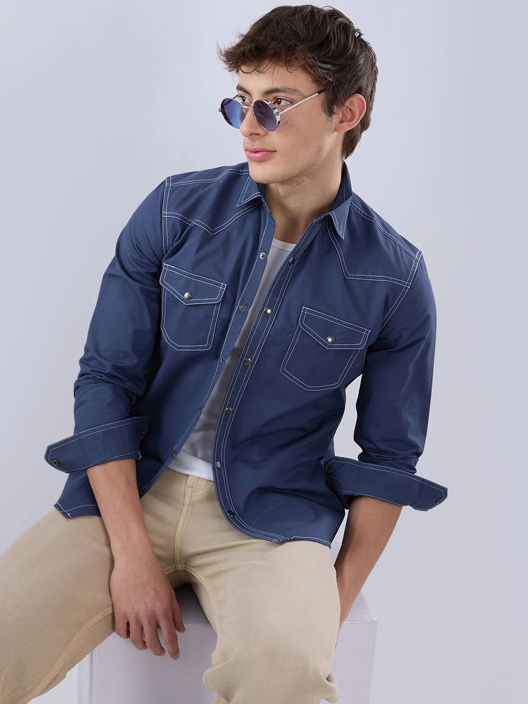Deep Sea Blue Contrast Stitch Twin Pocket Overshirt