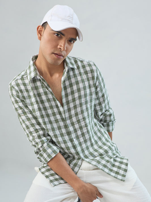 Plush Forest Green & White Gingham Checks Crinkled Shirt