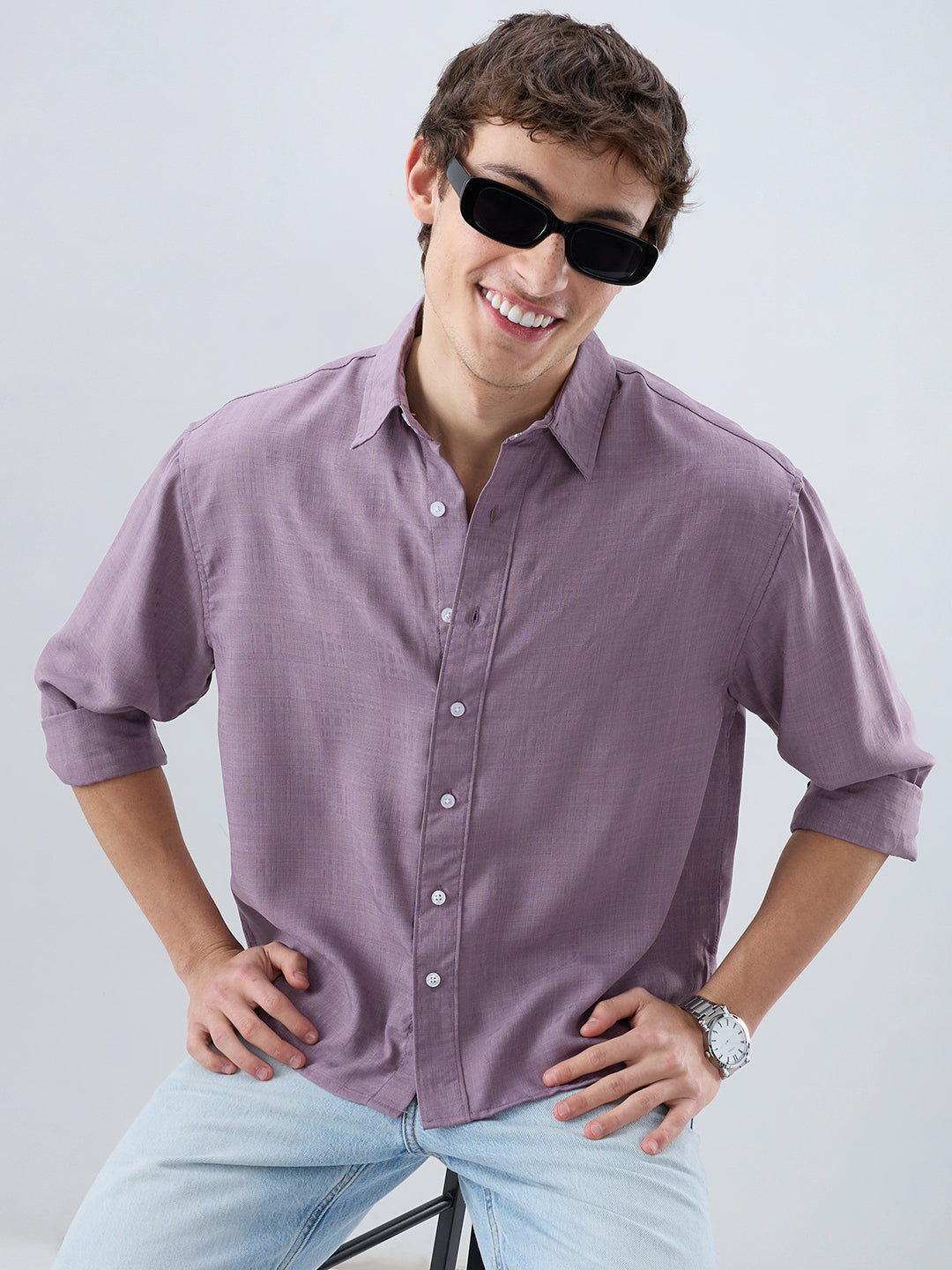 Heather Purple Soft Grid Textured Boxy Fit Crop Shirt