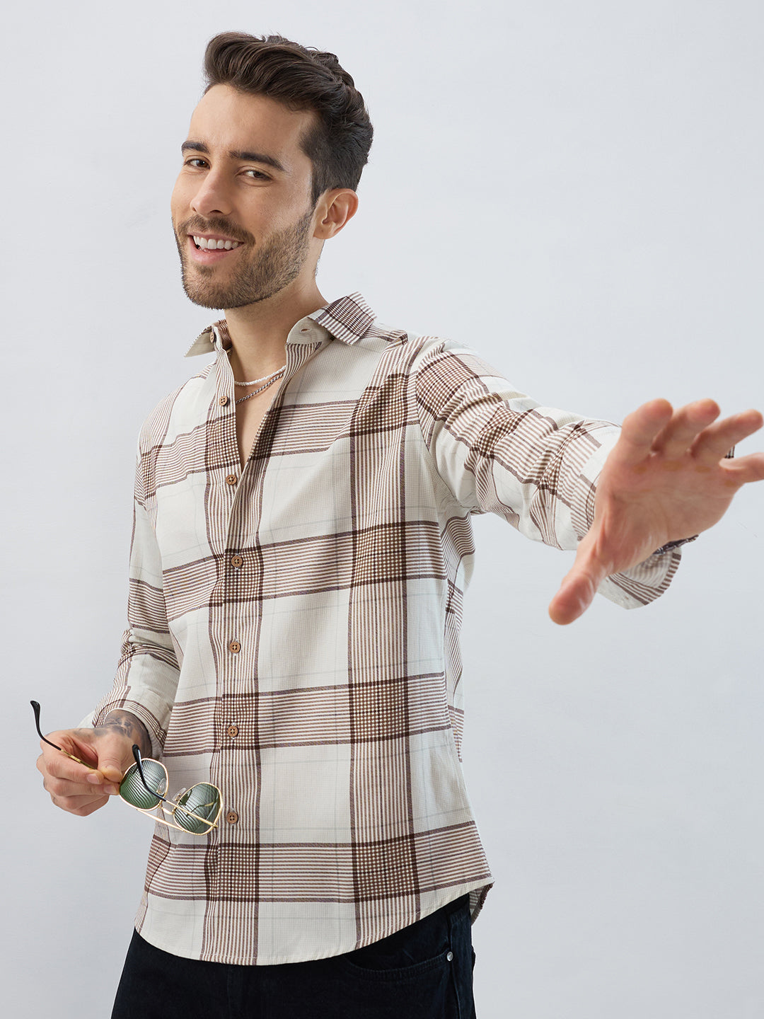 Off White & Brown Checkered Shirt