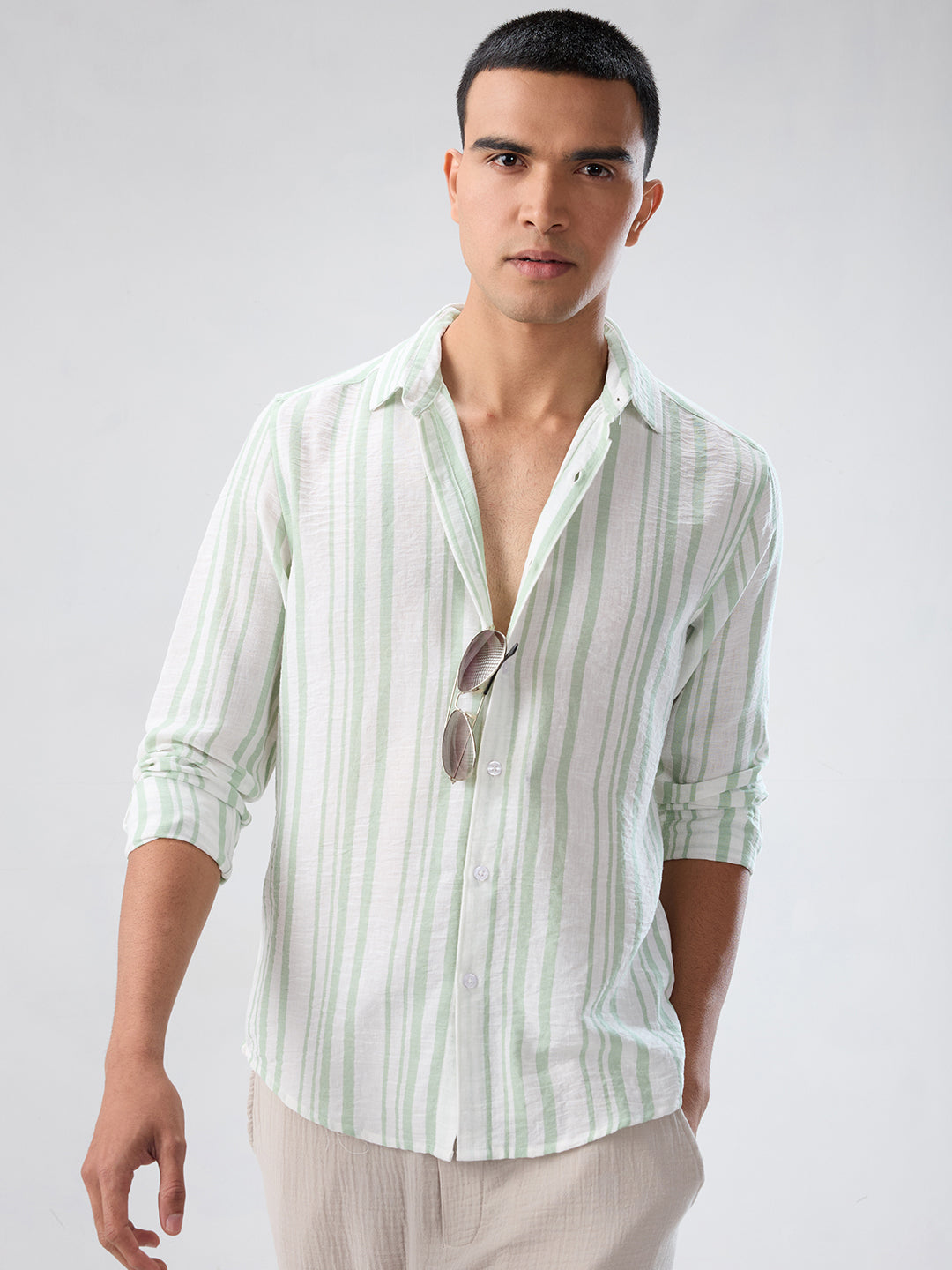 Mint Green & White Vertical Striped Shirt