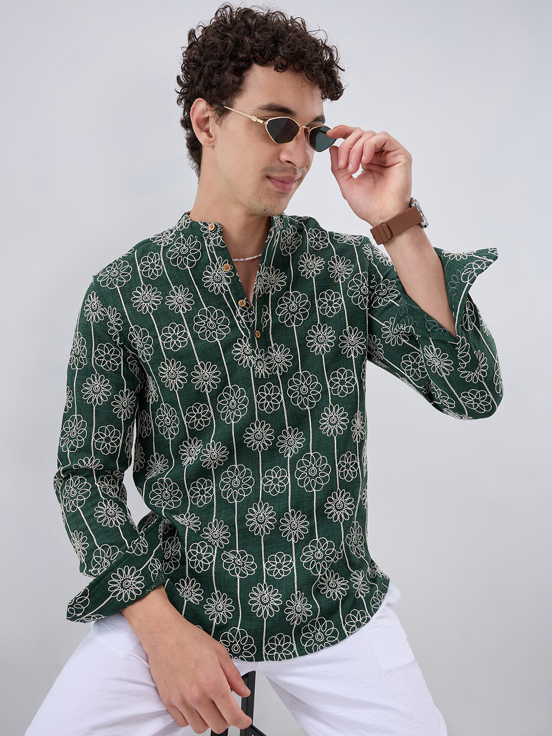 Emerald Green Floral Panel Embroidered Kurta