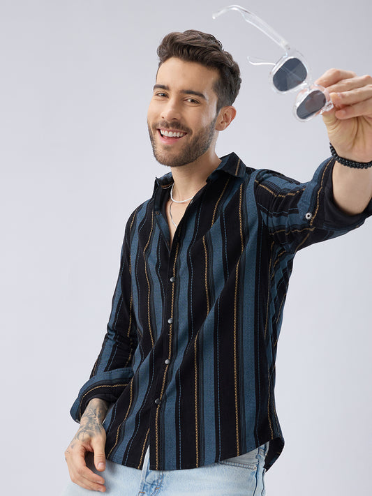 Deep Blue Embellished Corduroy Striped Shirt