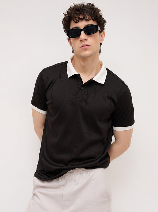 Intricate Black Textured Contrast Polo Knit T-Shirt